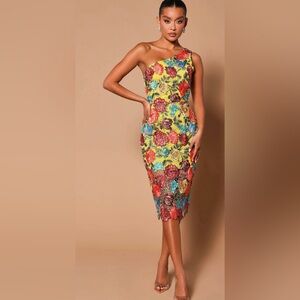 Fashion Nova Vibrant Floral One-Shoulder Midi Dress